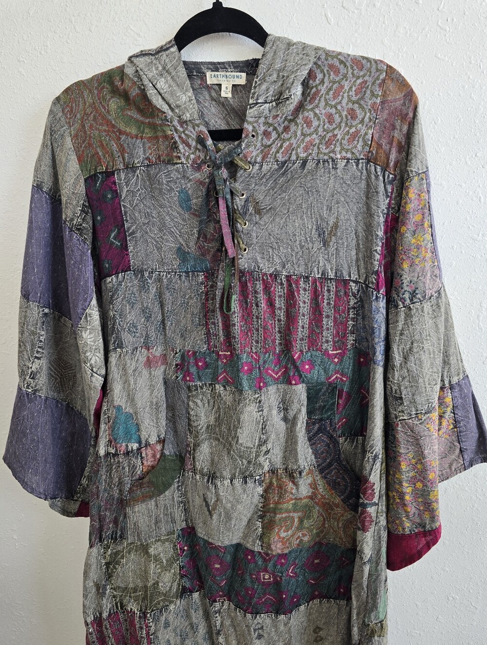 Earthbound Patchwork Maxi Dress in Gray with Jewel Tones Quilted Sz Small - Picture 3 of 10
